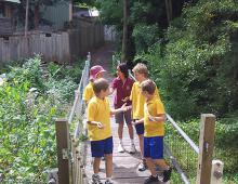 School students are walking across a small bridge surrounded by green plants.