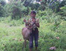 A boy in holding the antlers of a deer in the green fields.
